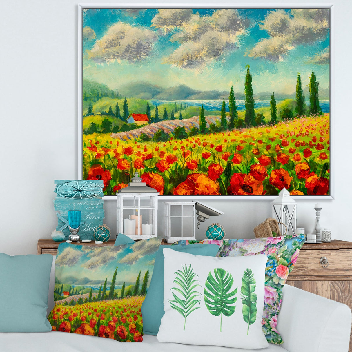 Designart "Beautiful Landscape With Poppies Flowers In Italy" Traditional Framed Canvas Wall Art Print