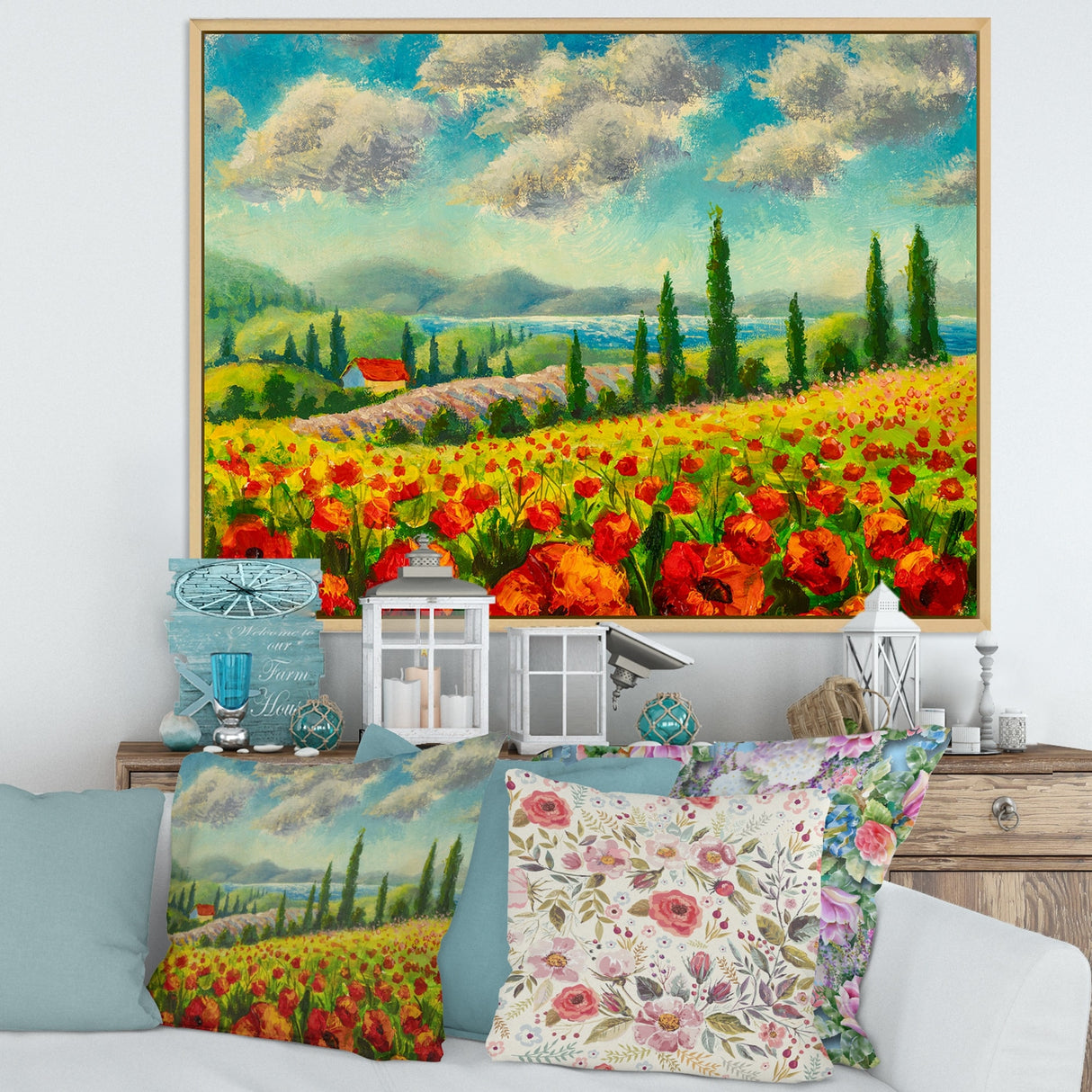Designart "Beautiful Landscape With Poppies Flowers In Italy" Traditional Framed Canvas Wall Art Print