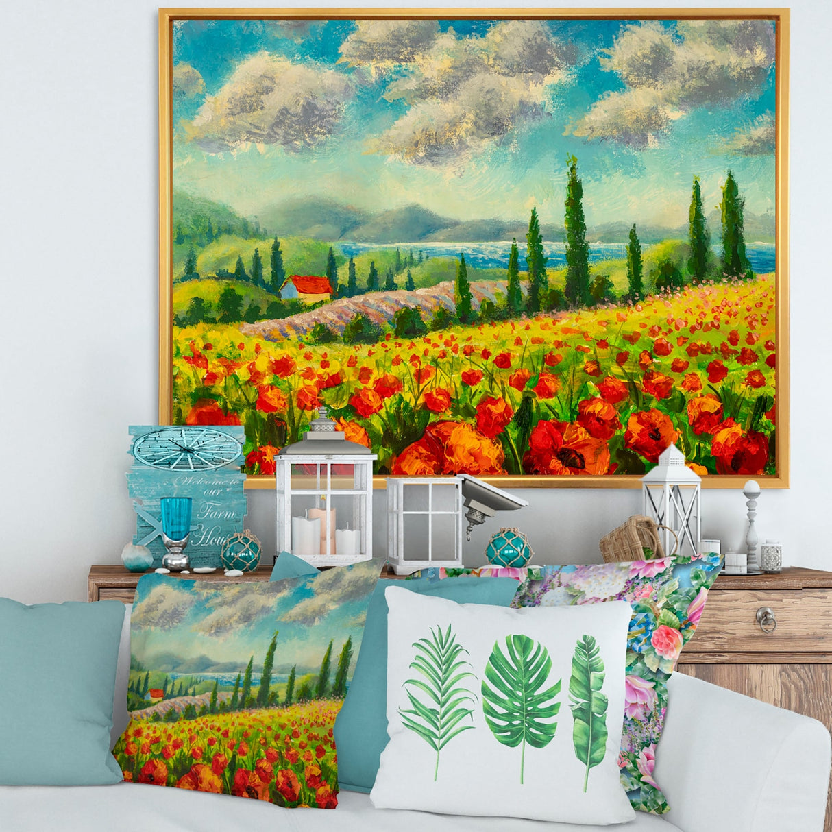 Designart "Beautiful Landscape With Poppies Flowers In Italy" Traditional Framed Canvas Wall Art Print