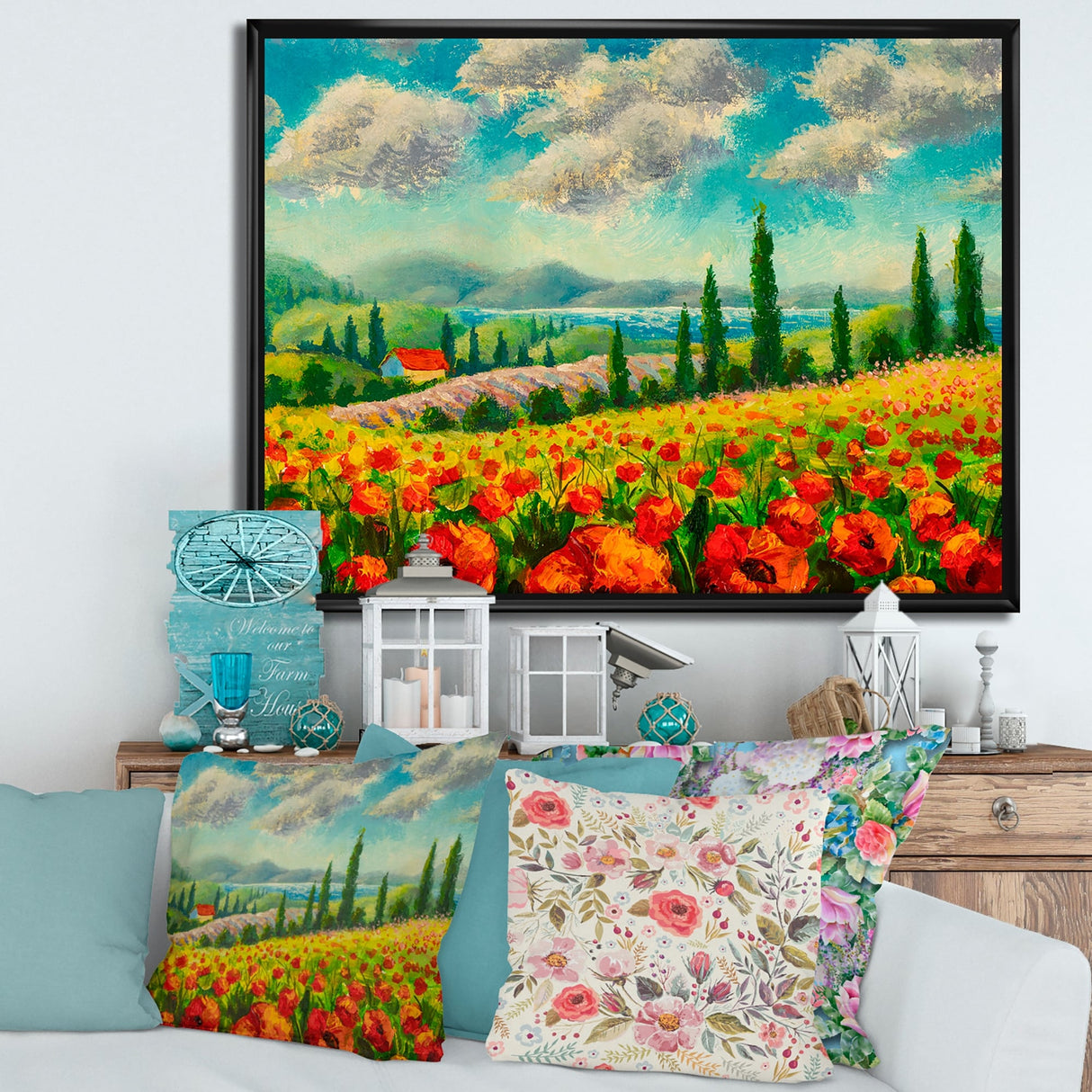 Designart "Beautiful Landscape With Poppies Flowers In Italy" Traditional Framed Canvas Wall Art Print