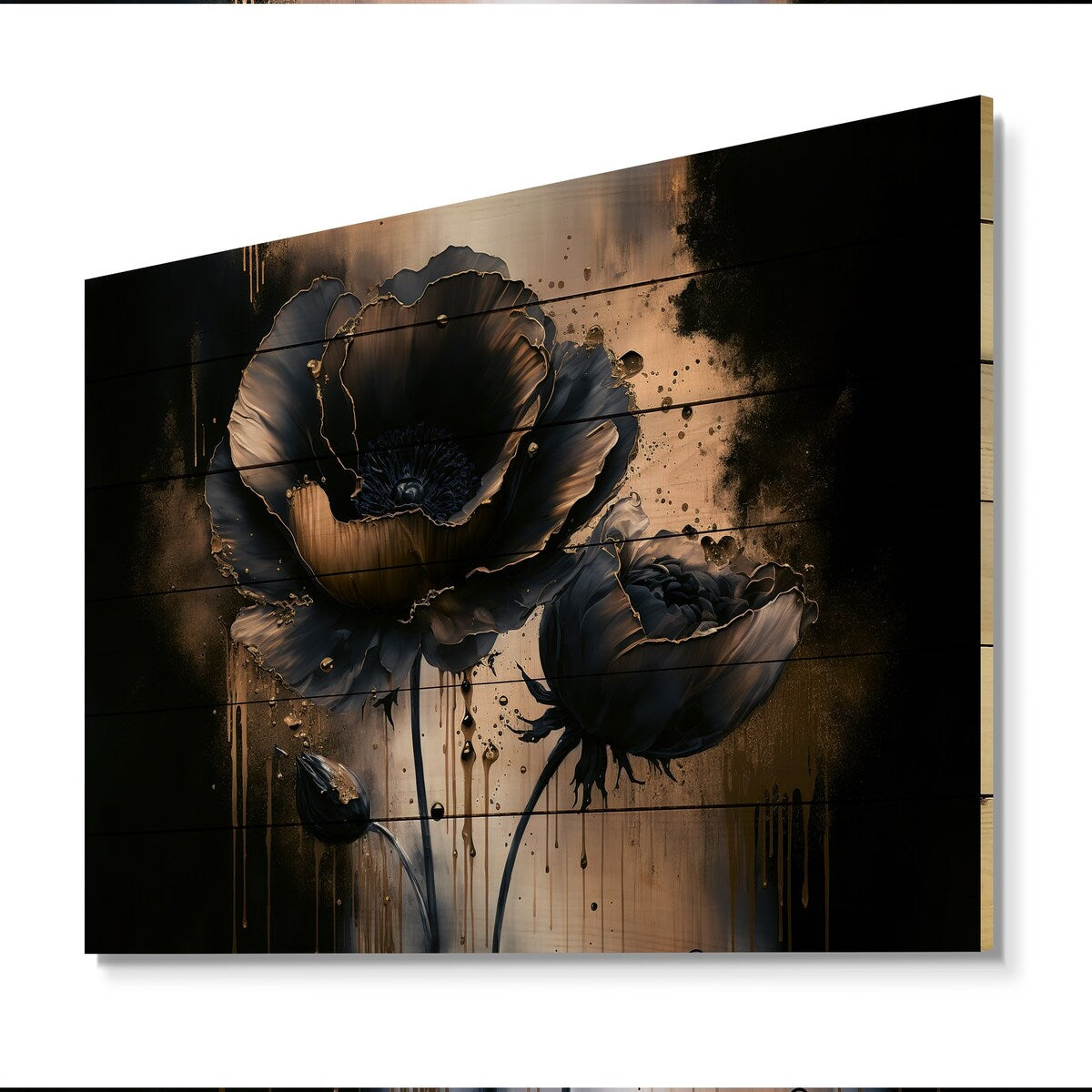 Designart 'Black And Gold Popy Flowers I' Floral Poppy Wood Wall Art - Natural Pine Wood