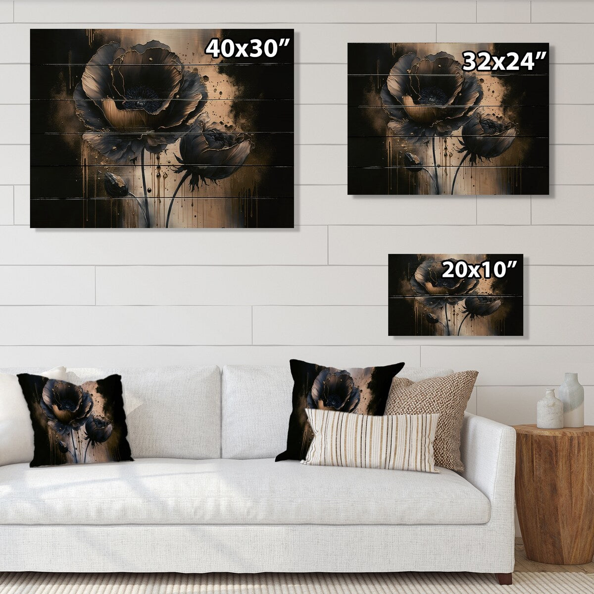 Designart 'Black And Gold Popy Flowers I' Floral Poppy Wood Wall Art - Natural Pine Wood