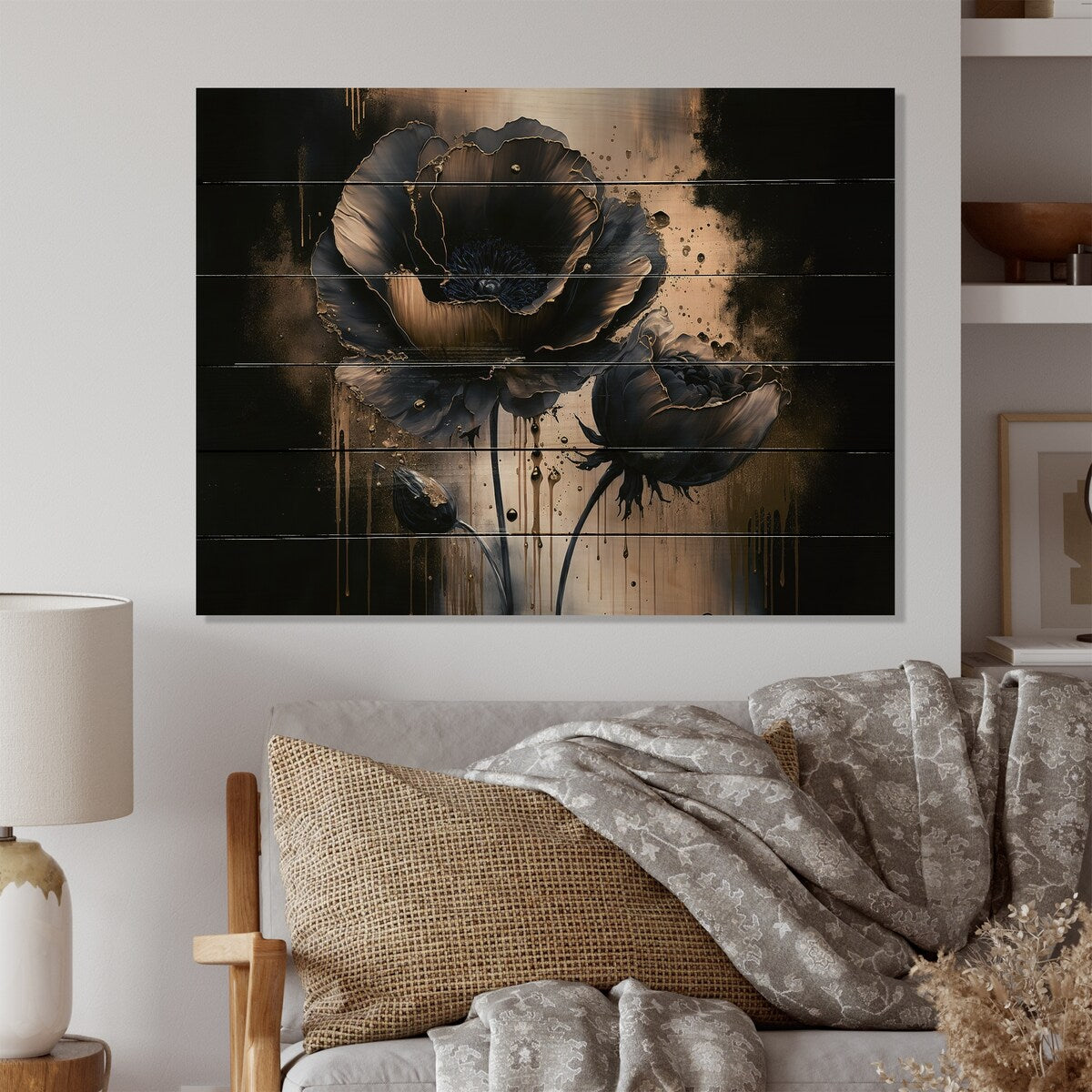 Designart 'Black And Gold Popy Flowers I' Floral Poppy Wood Wall Art - Natural Pine Wood