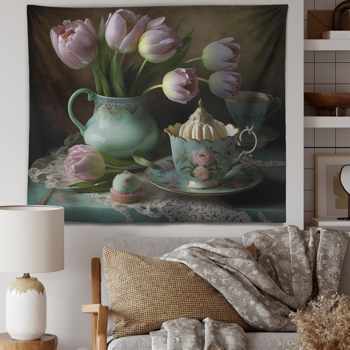 Designart 'Blossoming Pink Tulips In Roccoco Interior IV' Floral Tulip Wall Tapestry