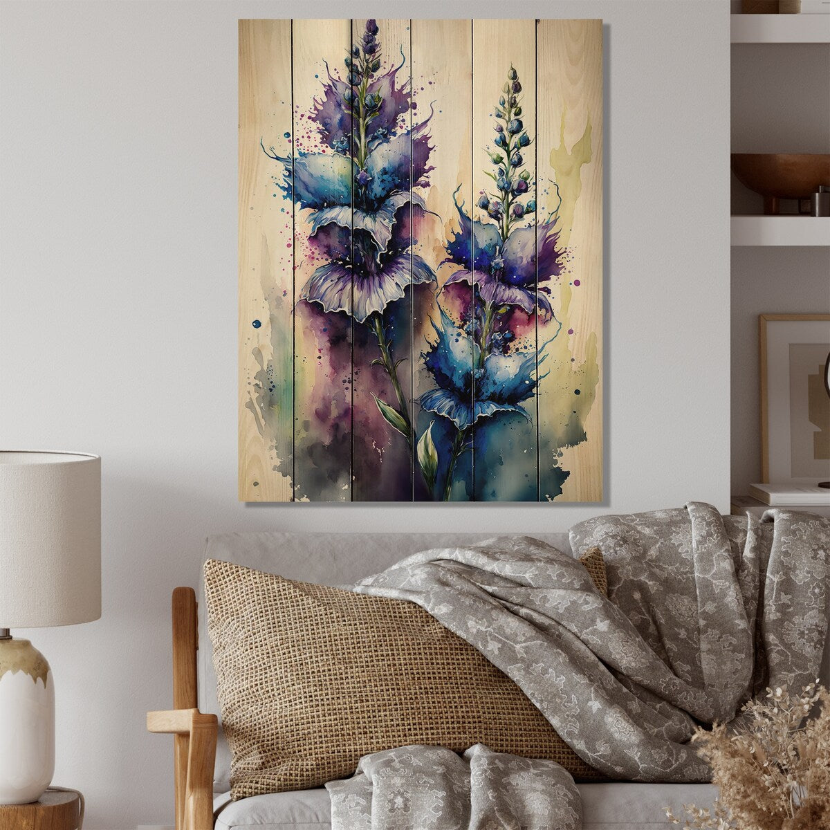 Designart 'Blue And Purple Delphinium'Floral Delphinium Wood Wall Art - Natural Pine Wood