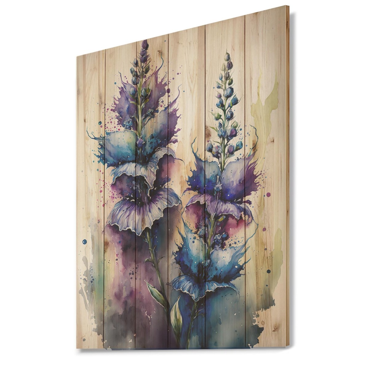 Designart 'Blue And Purple Delphinium'Floral Delphinium Wood Wall Art - Natural Pine Wood