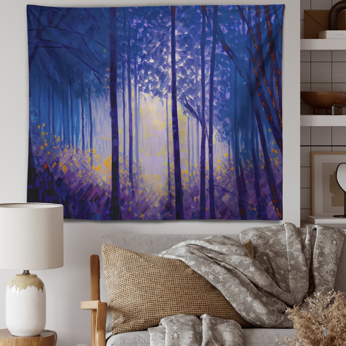 Designart 'Blue Watercolor Trees At Dawn' Landscape Forest Wall Tapestry