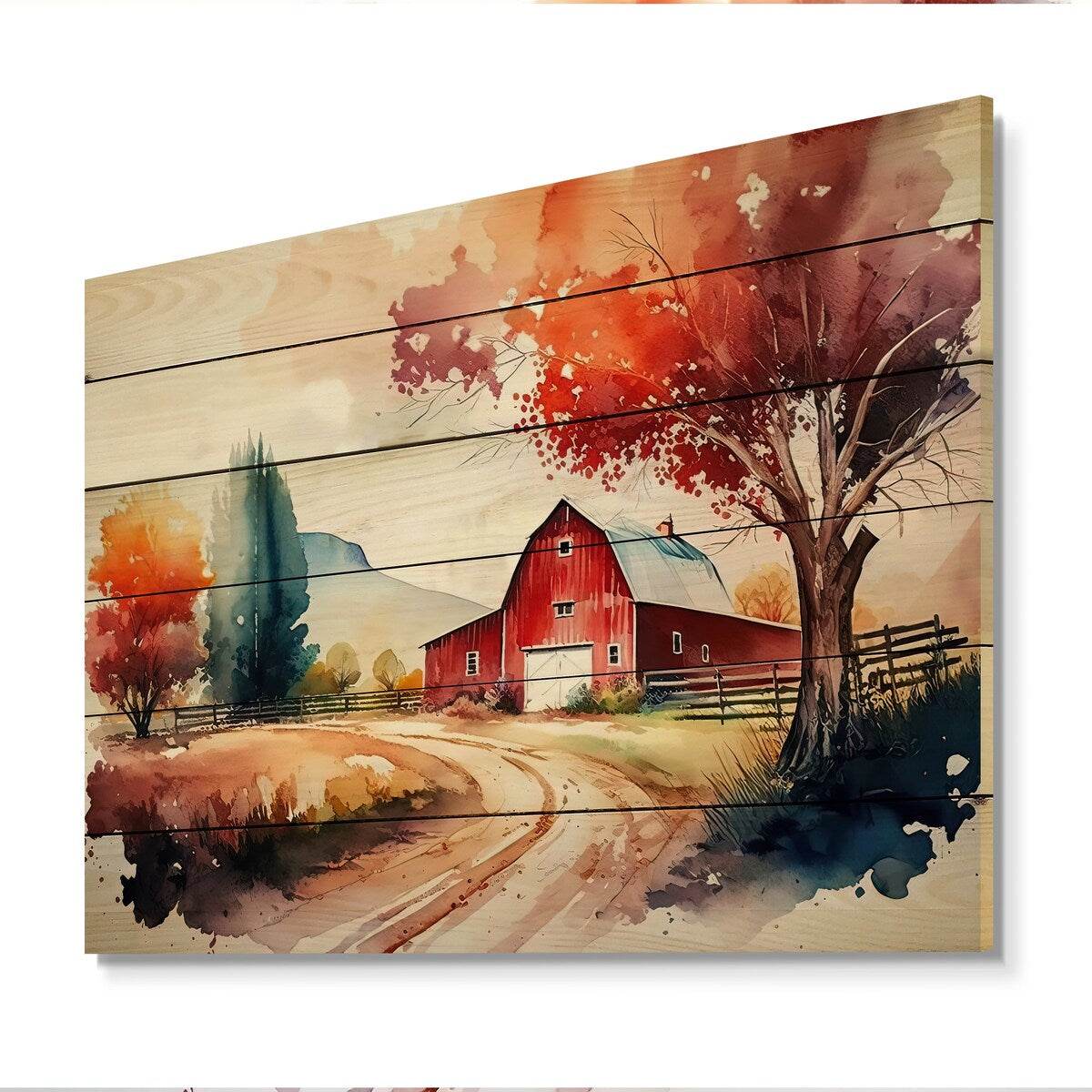 Designart 'Calm Red Barn In Spring VII' Barn Landscape Wood Wall Art - Natural Pine Wood