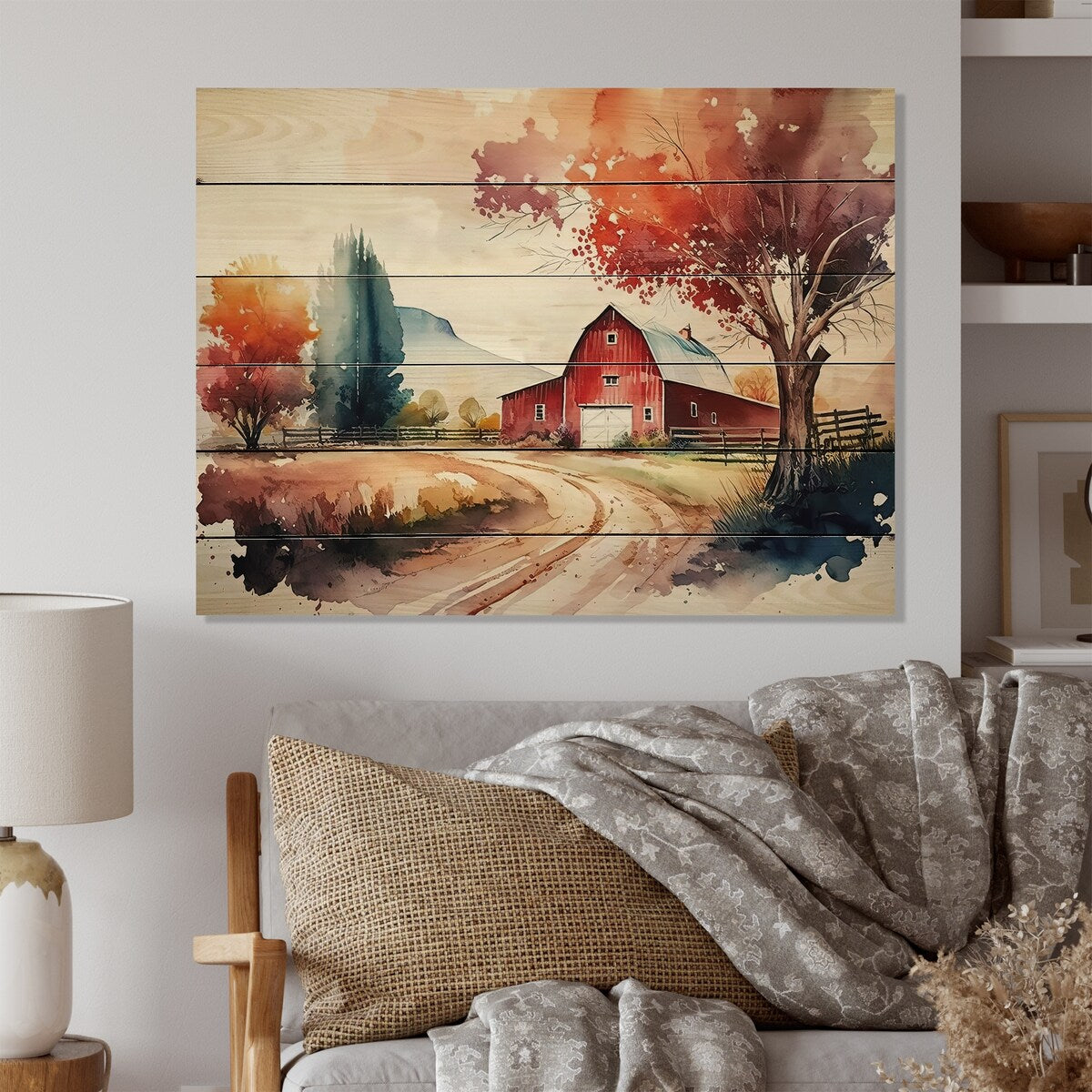 Designart 'Calm Red Barn In Spring VII' Barn Landscape Wood Wall Art - Natural Pine Wood