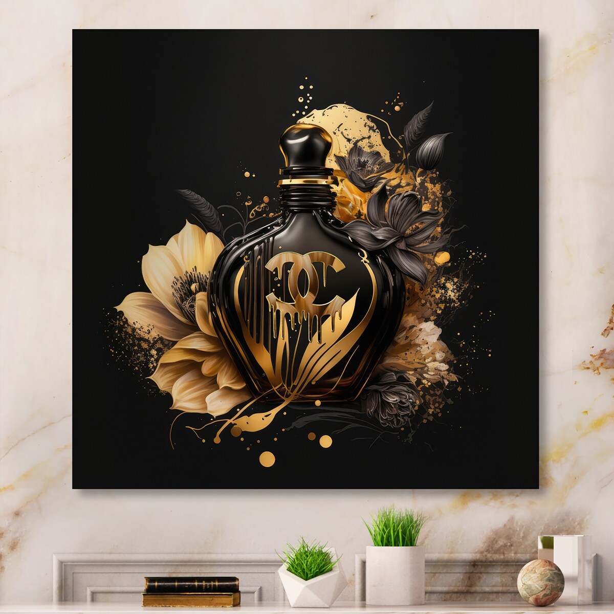 Designart 'Chic Black And Gold Perfume Bottle VII' Fashion Perfume Metal Wall Art