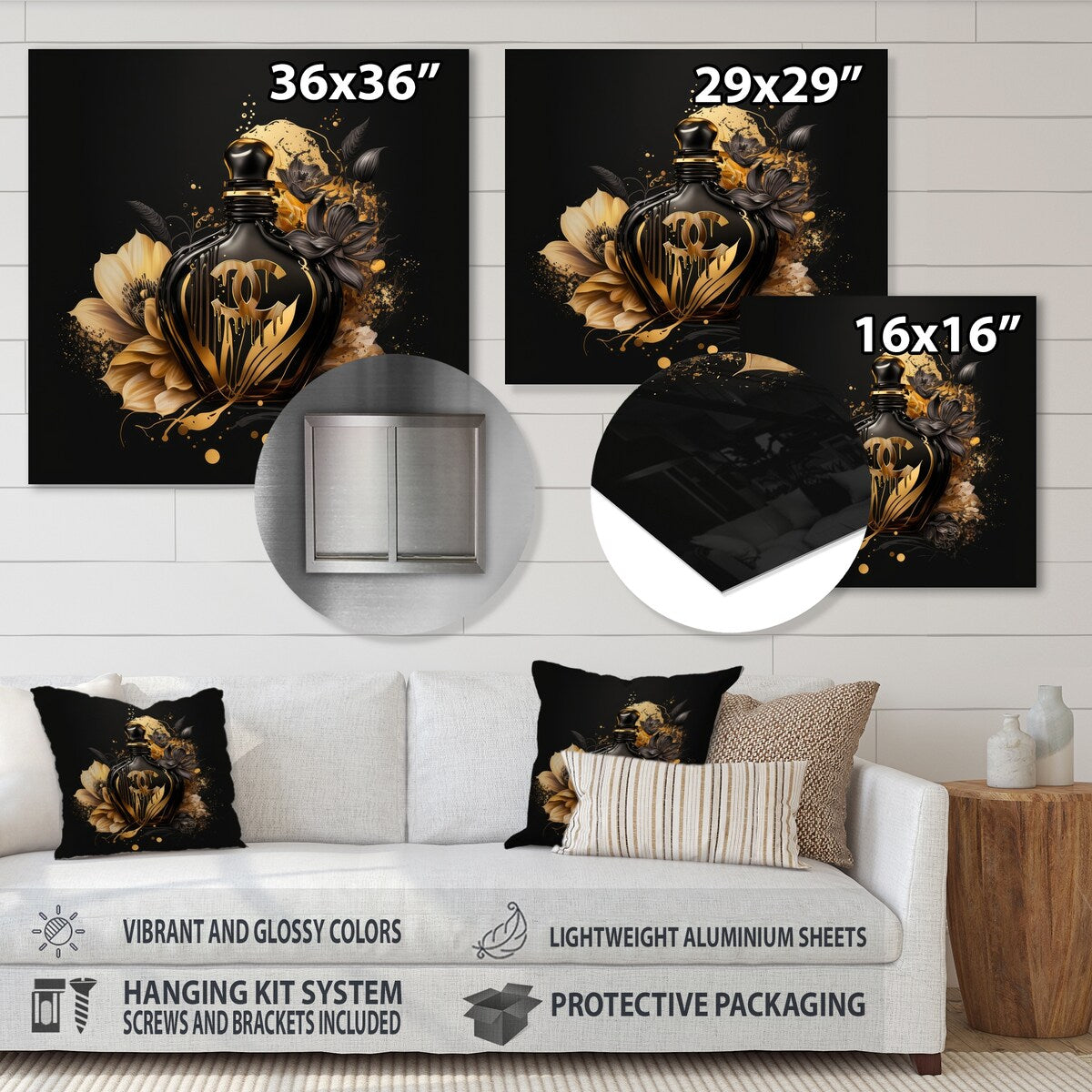 Designart 'Chic Black And Gold Perfume Bottle VII' Fashion Perfume Metal Wall Art