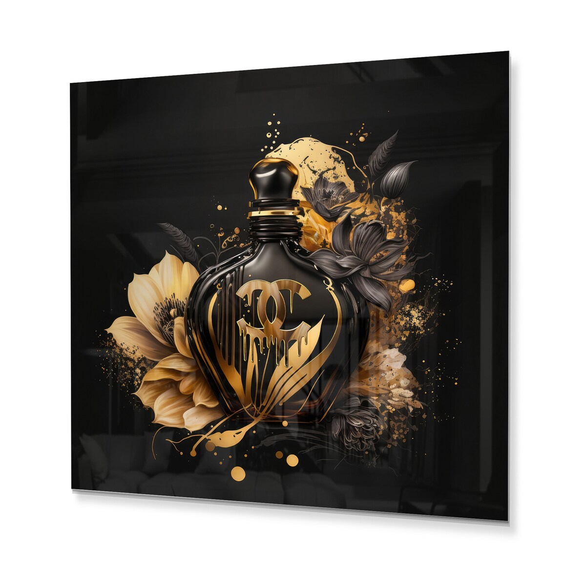Designart 'Chic Black And Gold Perfume Bottle VII' Fashion Perfume Metal Wall Art