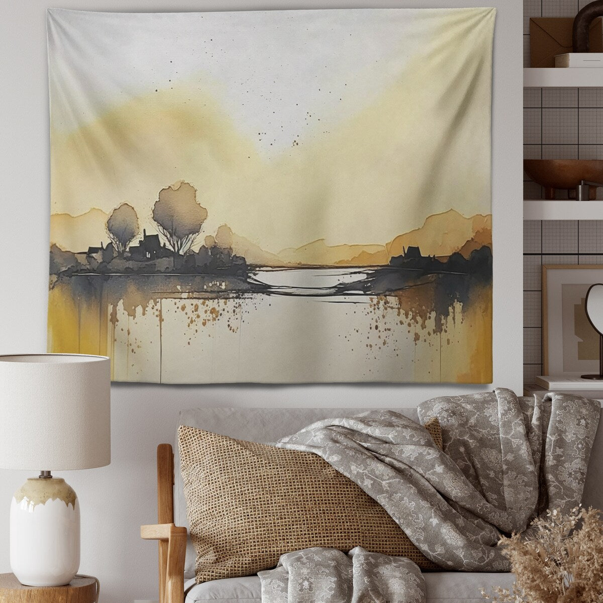 Designart 'Countryroad During Golden Hour I' Lake House Cottage Wall Tapestry