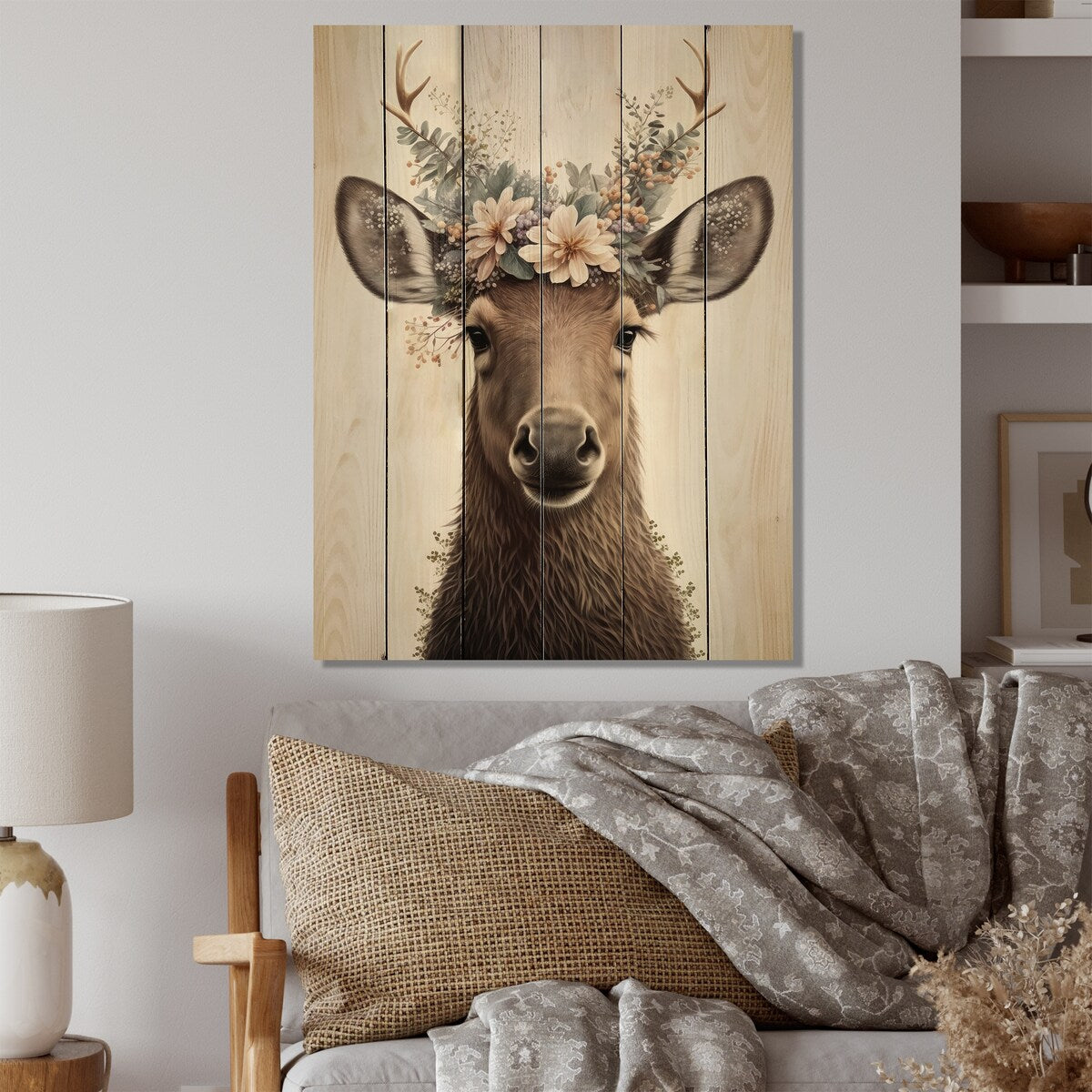 Designart 'Cute Baby Moose With Floral Crown'Animal Moose Wood Wall Art - Natural Pine Wood
