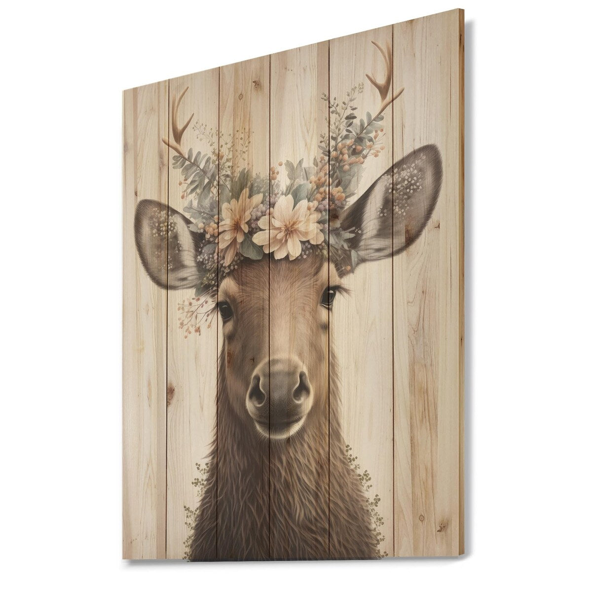 Designart 'Cute Baby Moose With Floral Crown'Animal Moose Wood Wall Art - Natural Pine Wood