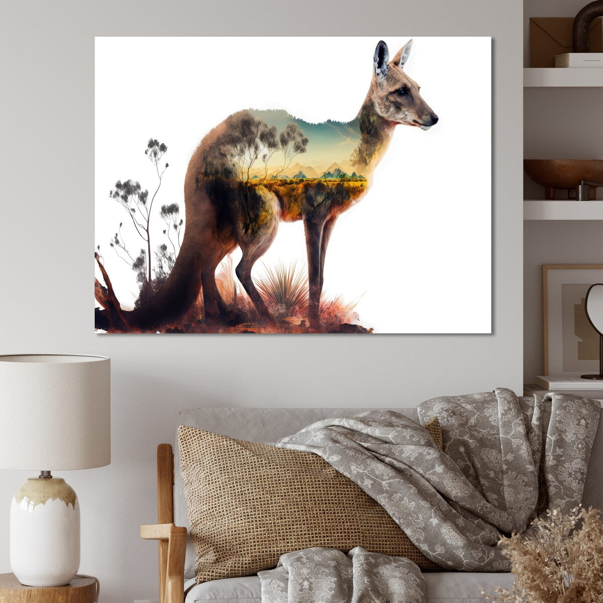 Designart 'Double Exposure Of A Kangaroo With Australian Landscape ' Animals Kangaroo Double Exposure Metal Wall Art