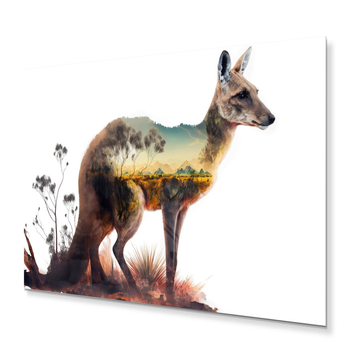 Designart 'Double Exposure Of A Kangaroo With Australian Landscape ' Animals Kangaroo Double Exposure Metal Wall Art