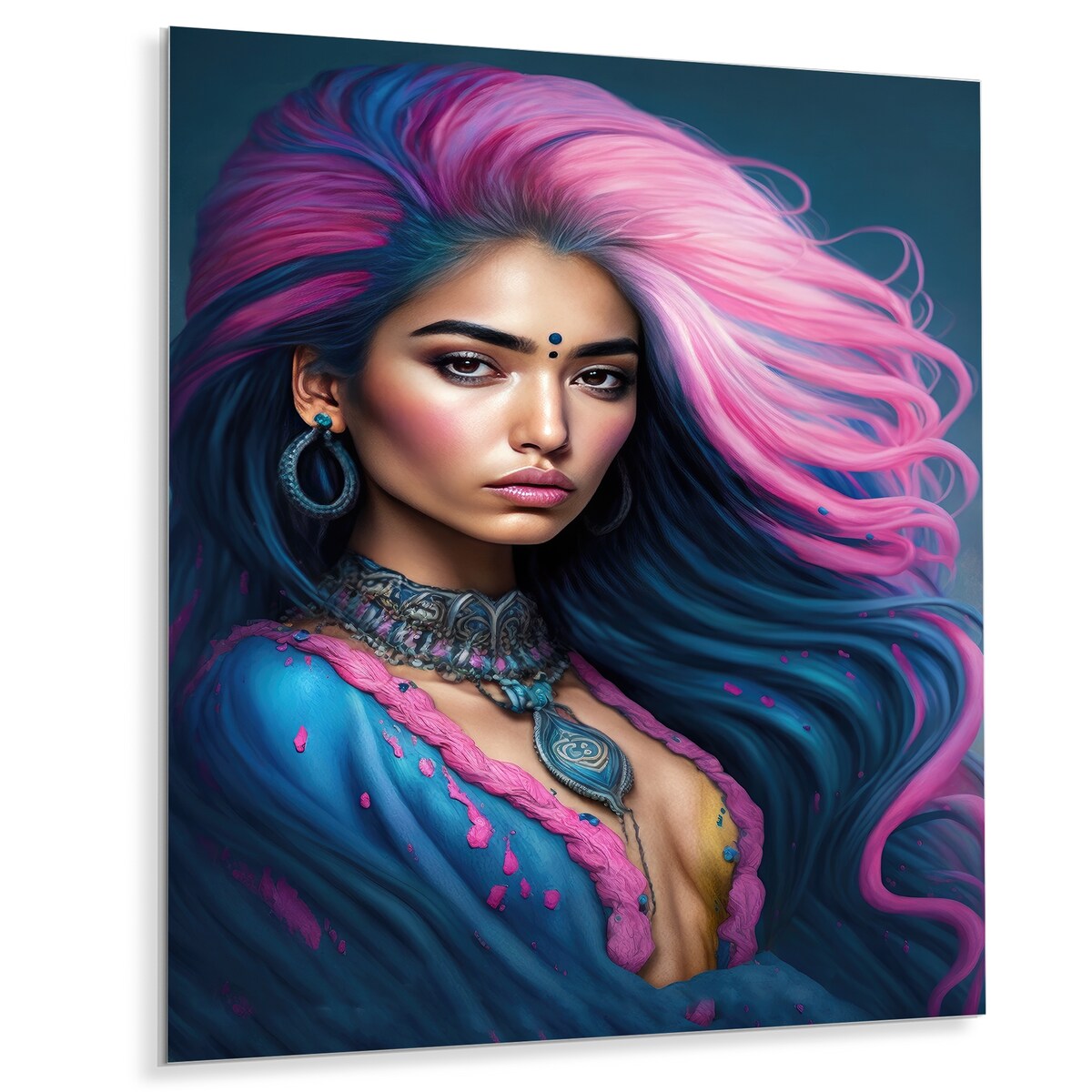 Designart 'Fashion Indian Woman In Pink And Blue VI' Indian Woman Metal Wall Art