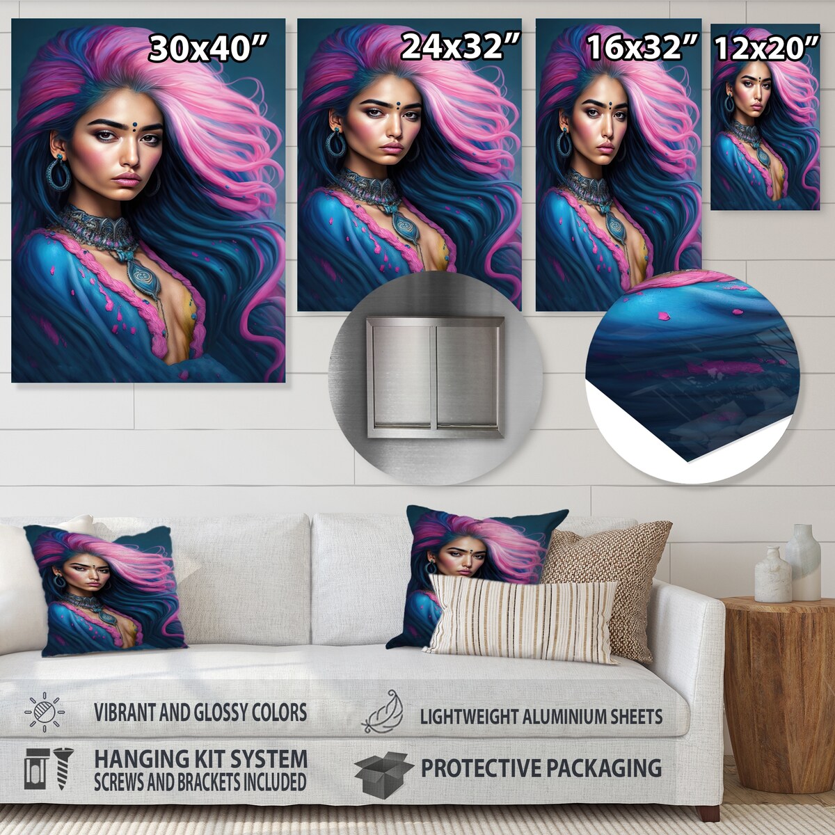 Designart 'Fashion Indian Woman In Pink And Blue VI' Indian Woman Metal Wall Art