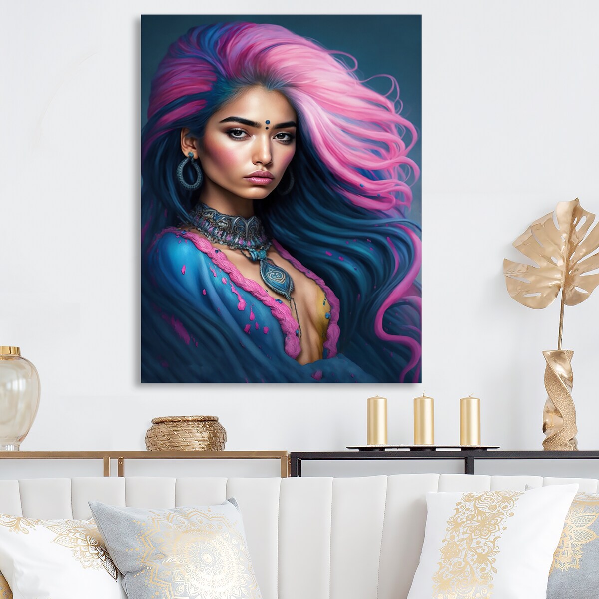 Designart 'Fashion Indian Woman In Pink And Blue VI' Indian Woman Metal Wall Art