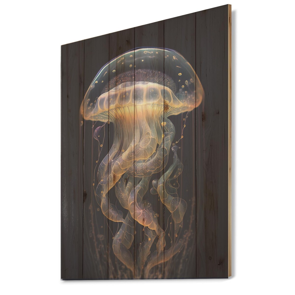 Designart 'Jellyfish III' Animal Fish Wood Wall Art - Natural Pine Wood