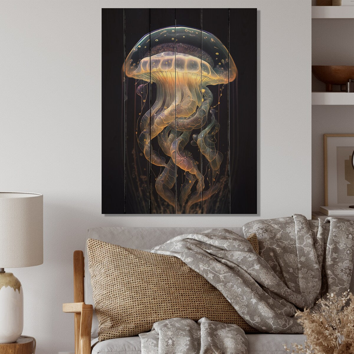 Designart 'Jellyfish III' Animal Fish Wood Wall Art - Natural Pine Wood