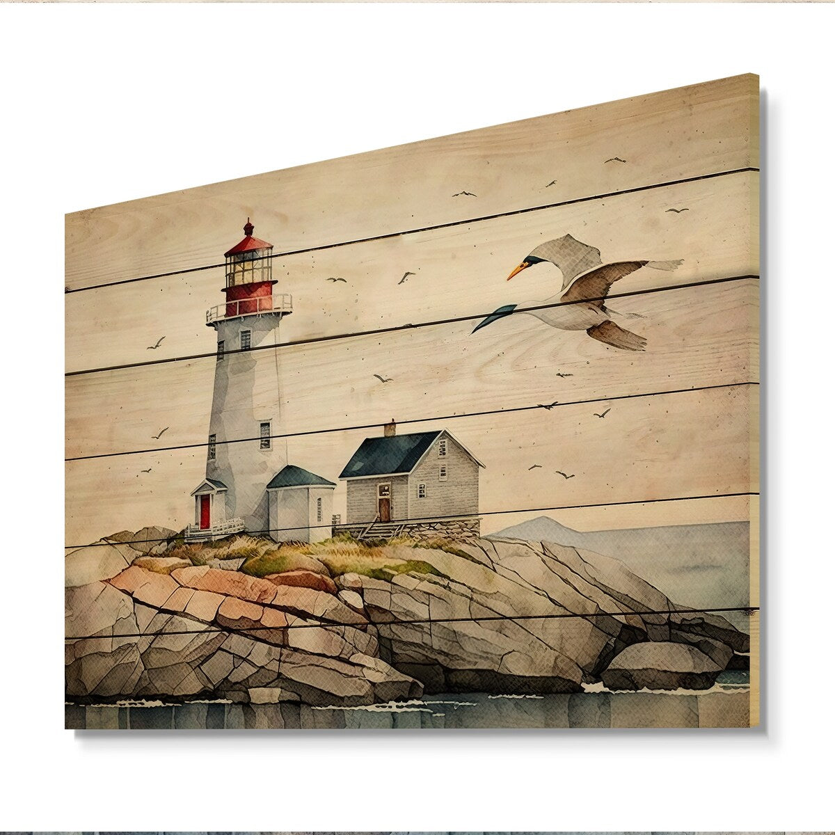 Designart 'Lighthouse By The Ocean II' Beach Light House Wood Wall Art - Natural Pine Wood