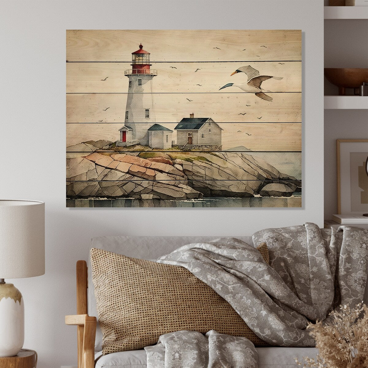 Designart 'Lighthouse By The Ocean II' Beach Light House Wood Wall Art - Natural Pine Wood