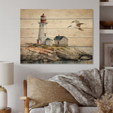 Designart 'Lighthouse By The Ocean II' Beach Light House Wood Wall Art - Natural Pine Wood