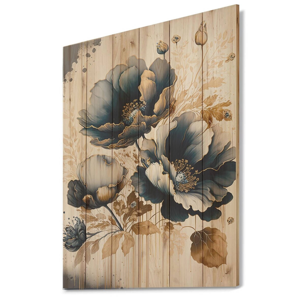 Designart 'Navy Blue And Gold Poppy Flowers II' Floral Poppy Wood Wall Art - Natural Pine Wood