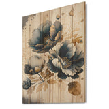 Designart 'Navy Blue And Gold Poppy Flowers II' Floral Poppy Wood Wall Art - Natural Pine Wood