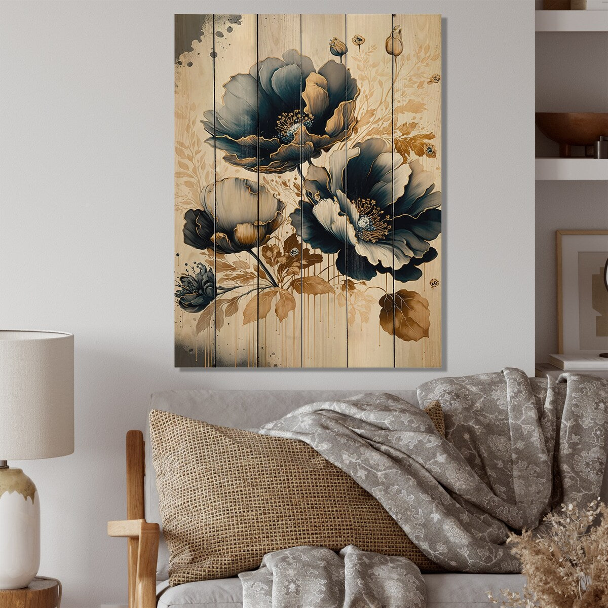 Designart 'Navy Blue And Gold Poppy Flowers II' Floral Poppy Wood Wall Art - Natural Pine Wood