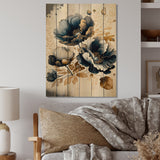 Designart 'Navy Blue And Gold Poppy Flowers II' Floral Poppy Wood Wall Art - Natural Pine Wood