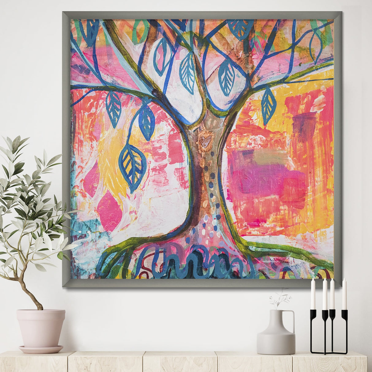 Designart "Pink And Yellow Tree With Blue Leaves" Cottage Framed Art Print