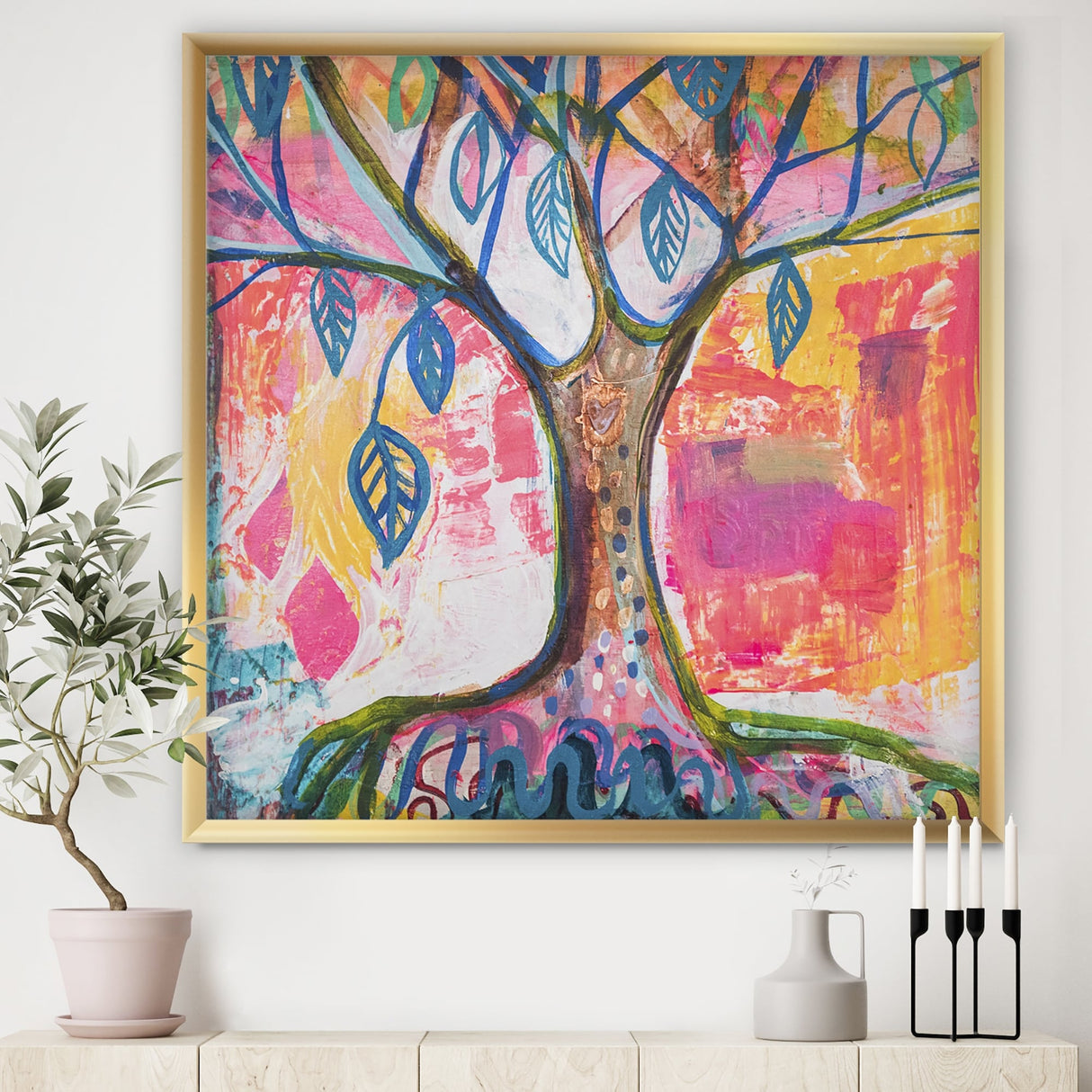 Designart "Pink And Yellow Tree With Blue Leaves" Cottage Framed Art Print