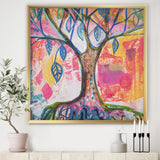 Designart "Pink And Yellow Tree With Blue Leaves" Cottage Framed Art Print