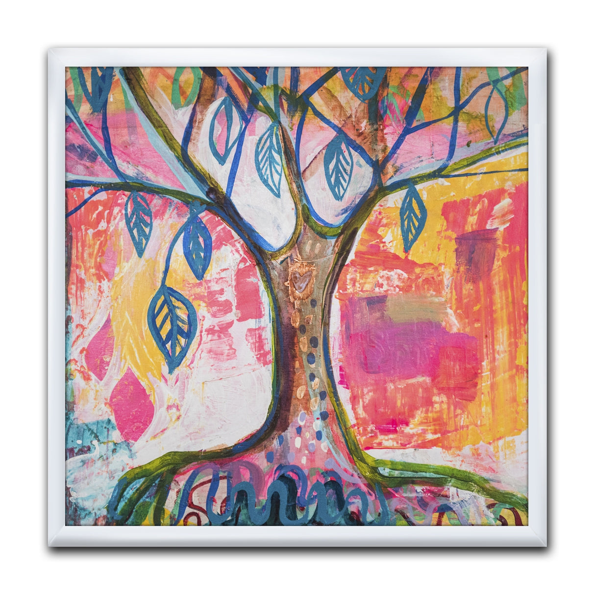 Designart "Pink And Yellow Tree With Blue Leaves" Cottage Framed Art Print