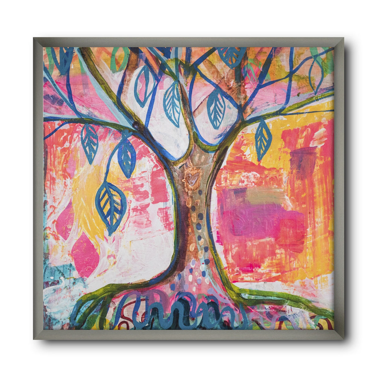 Designart "Pink And Yellow Tree With Blue Leaves" Cottage Framed Art Print
