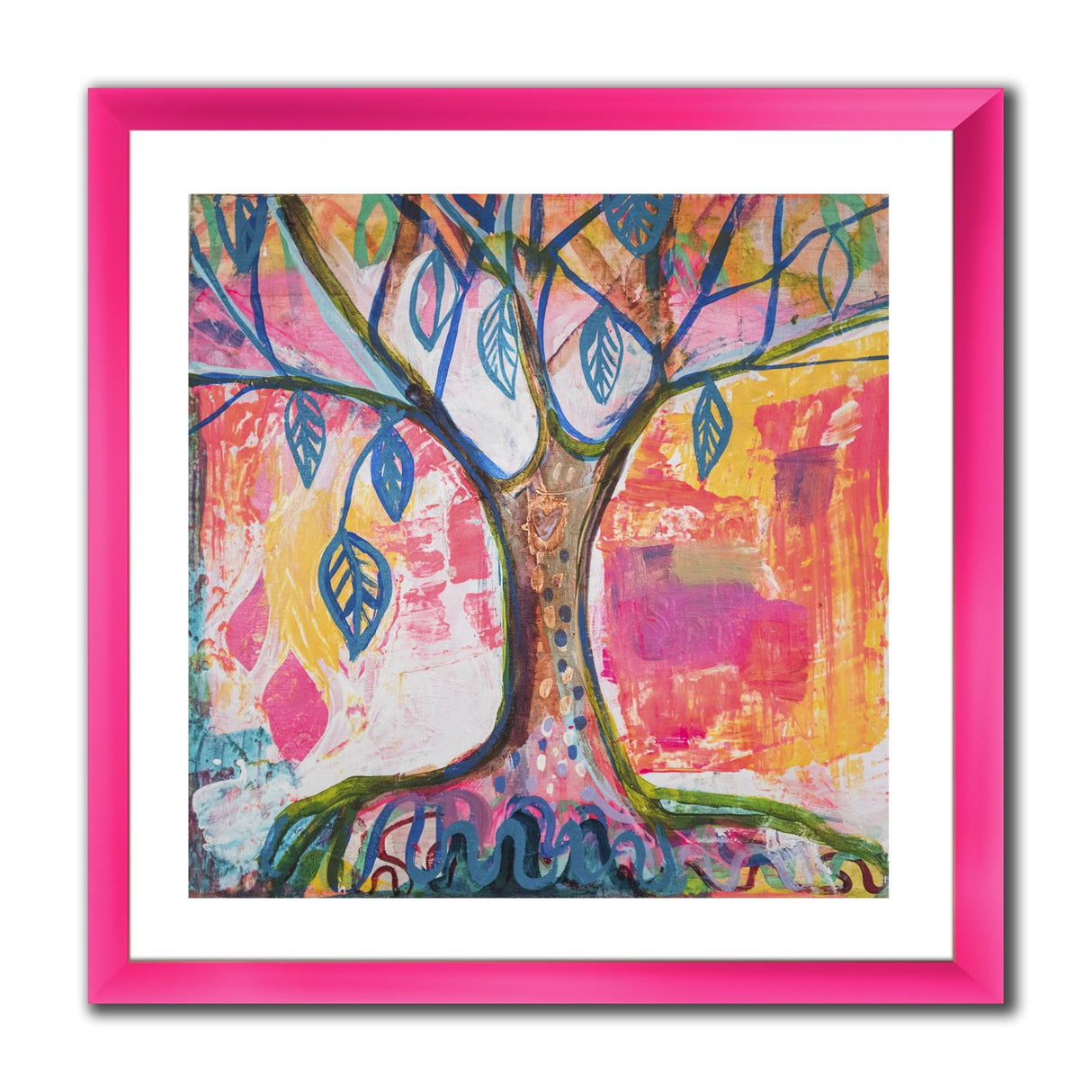 Designart "Pink And Yellow Tree With Blue Leaves" Cottage Framed Art Print