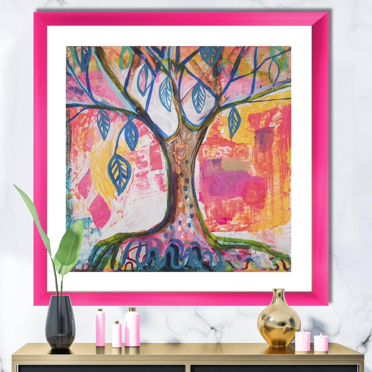 Designart "Pink And Yellow Tree With Blue Leaves" Cottage Framed Art Print