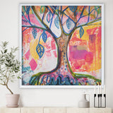 Designart "Pink And Yellow Tree With Blue Leaves" Cottage Framed Art Print