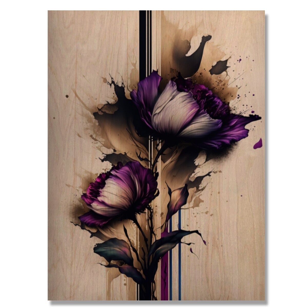 Designart 'Puple Peony Flower On Abstract Paint I' Floral Peony Wood Wall Art - Natural Pine Wood