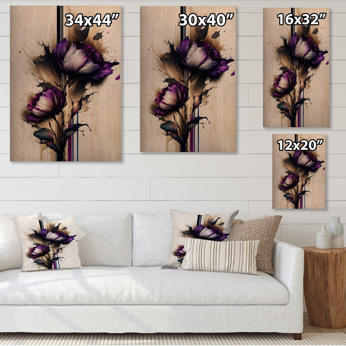 Designart 'Puple Peony Flower On Abstract Paint I' Floral Peony Wood Wall Art - Natural Pine Wood