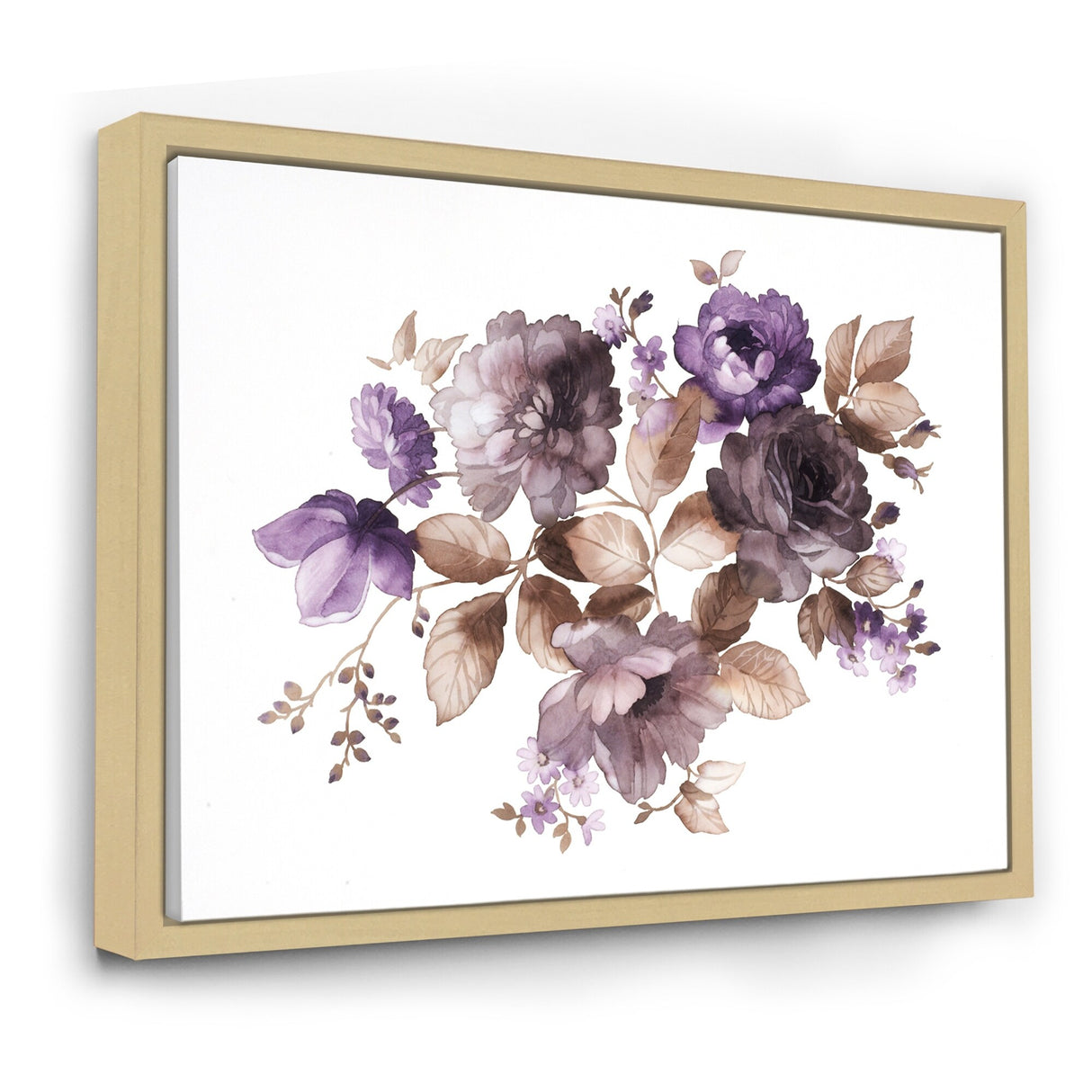 Designart "Purple Retro Flowers With Brown Leaves" Traditional Framed Canvas Wall Art Print