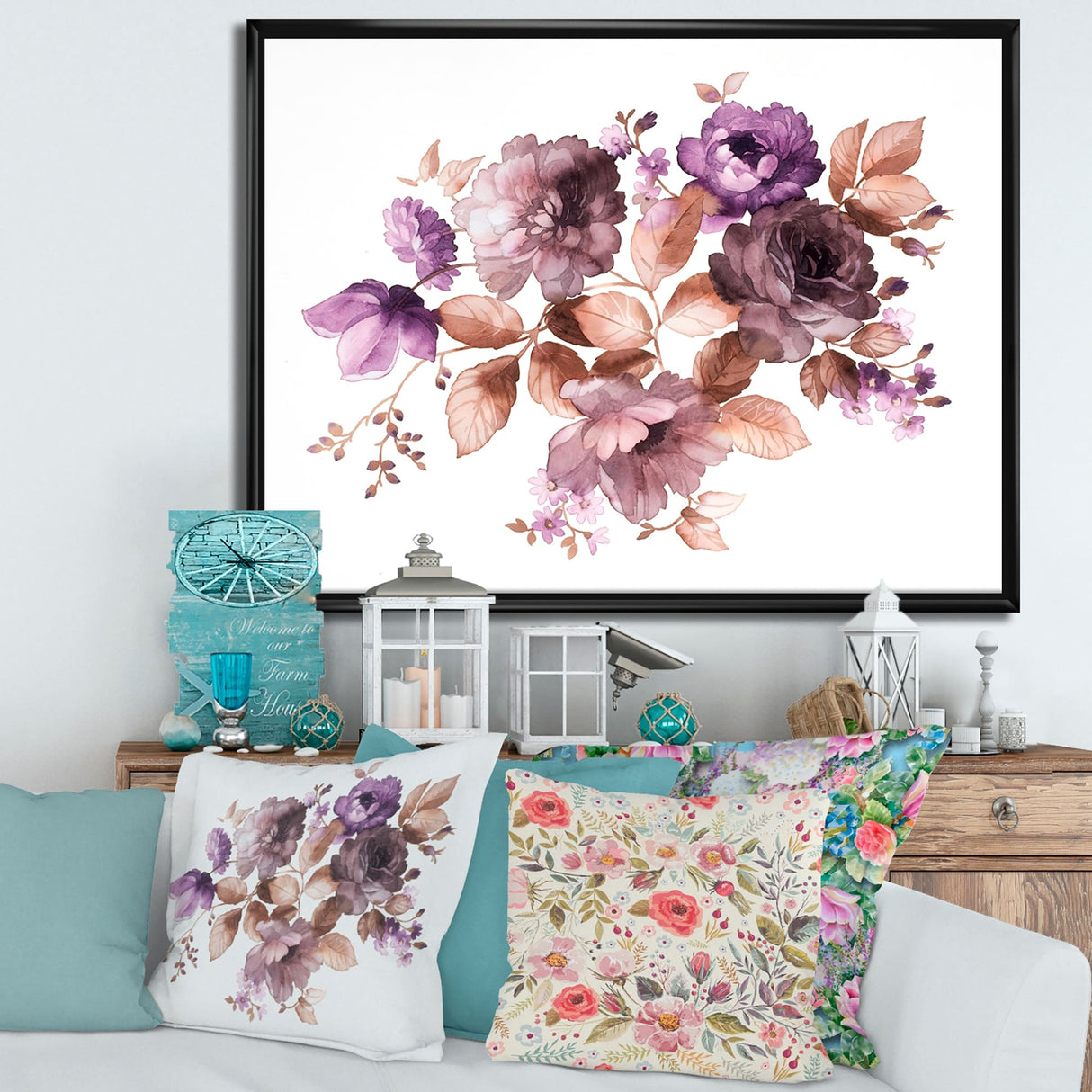 Designart "Purple Retro Flowers With Brown Leaves" Traditional Framed Canvas Wall Art Print