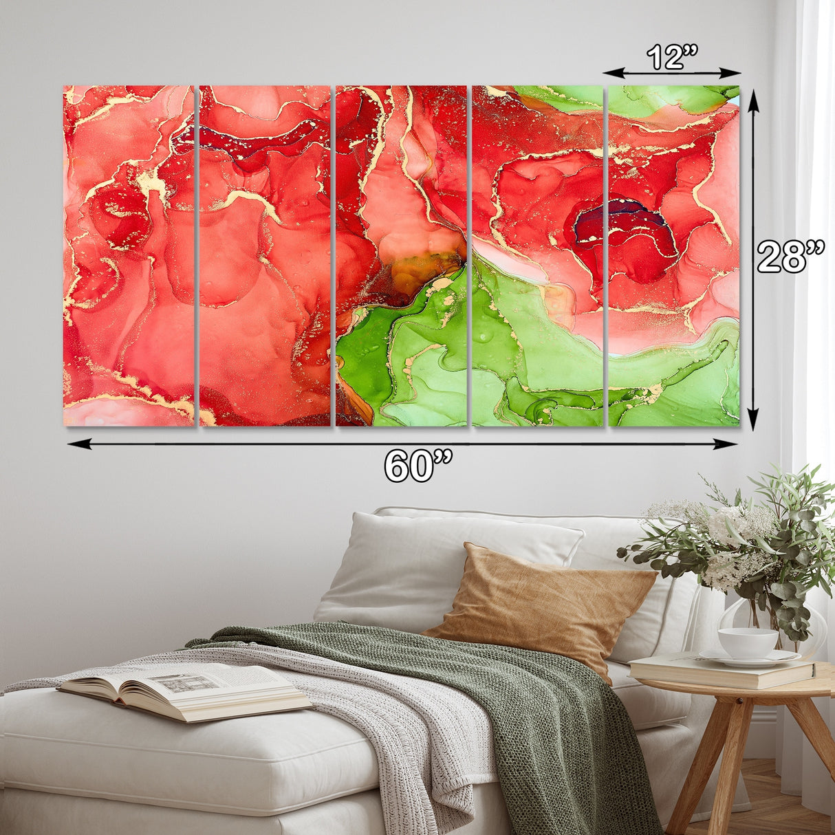 Designart "Red And Green Luxury Abstract Fluid Art" Modern Canvas Wall Art Print