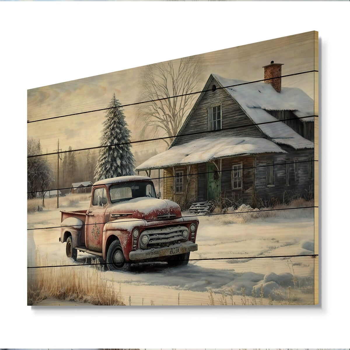 Designart 'Red Truck By Farmhouse' Barn Farm Ranch Wood Wall Art - Natural Pine Wood