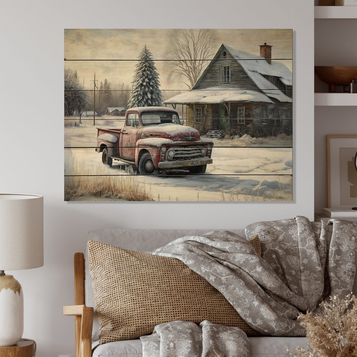 Designart 'Red Truck By Farmhouse' Barn Farm Ranch Wood Wall Art - Natural Pine Wood