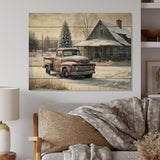 Designart 'Red Truck By Farmhouse' Barn Farm Ranch Wood Wall Art - Natural Pine Wood