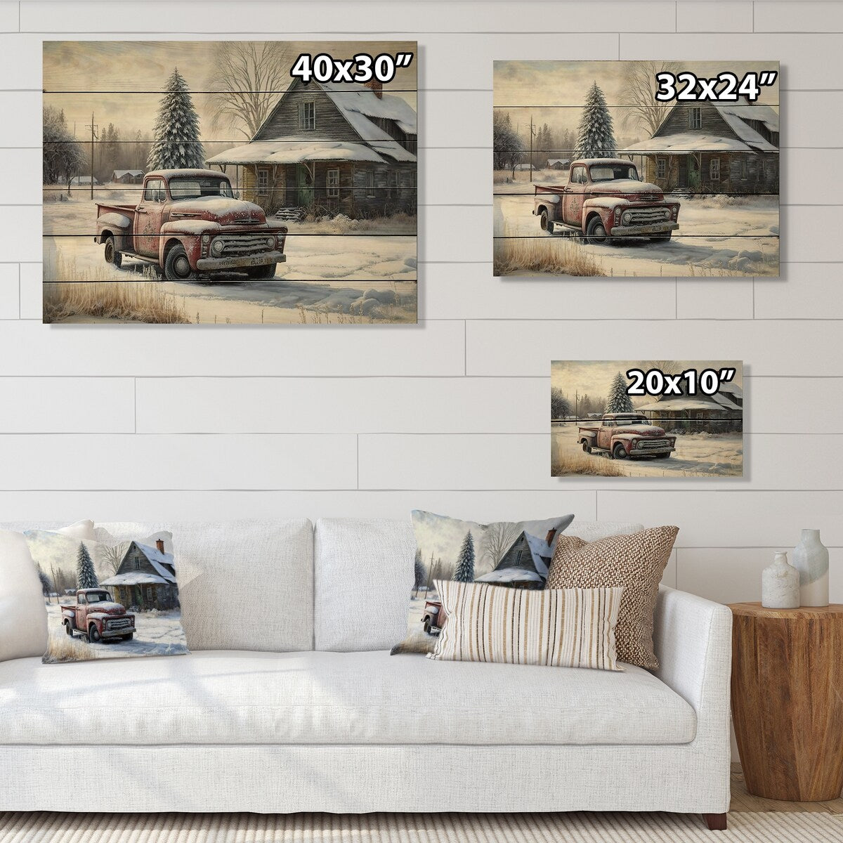 Designart 'Red Truck By Farmhouse' Barn Farm Ranch Wood Wall Art - Natural Pine Wood